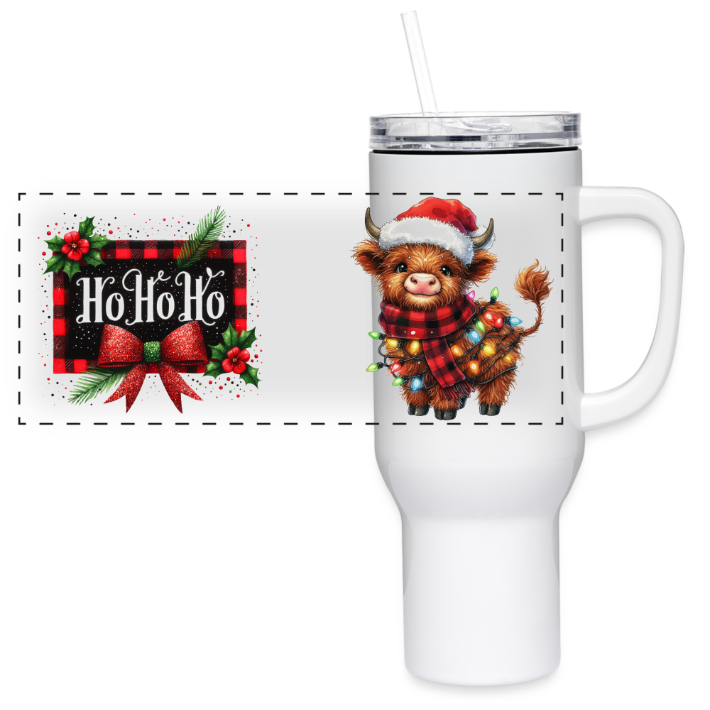 "Ho Ho Ho Christmas Highland Cow" 40 oz Travel Tumbler - white