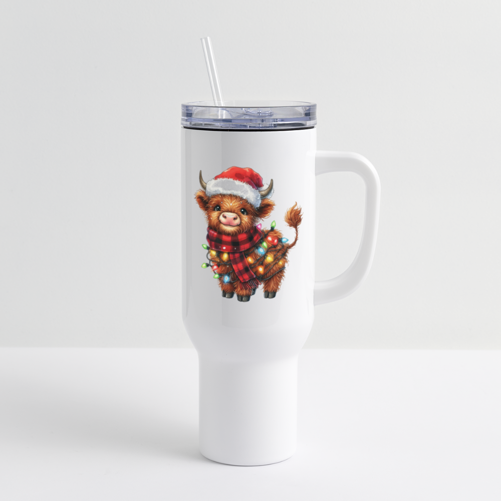 "Ho Ho Ho Christmas Highland Cow" 40 oz Travel Tumbler - white