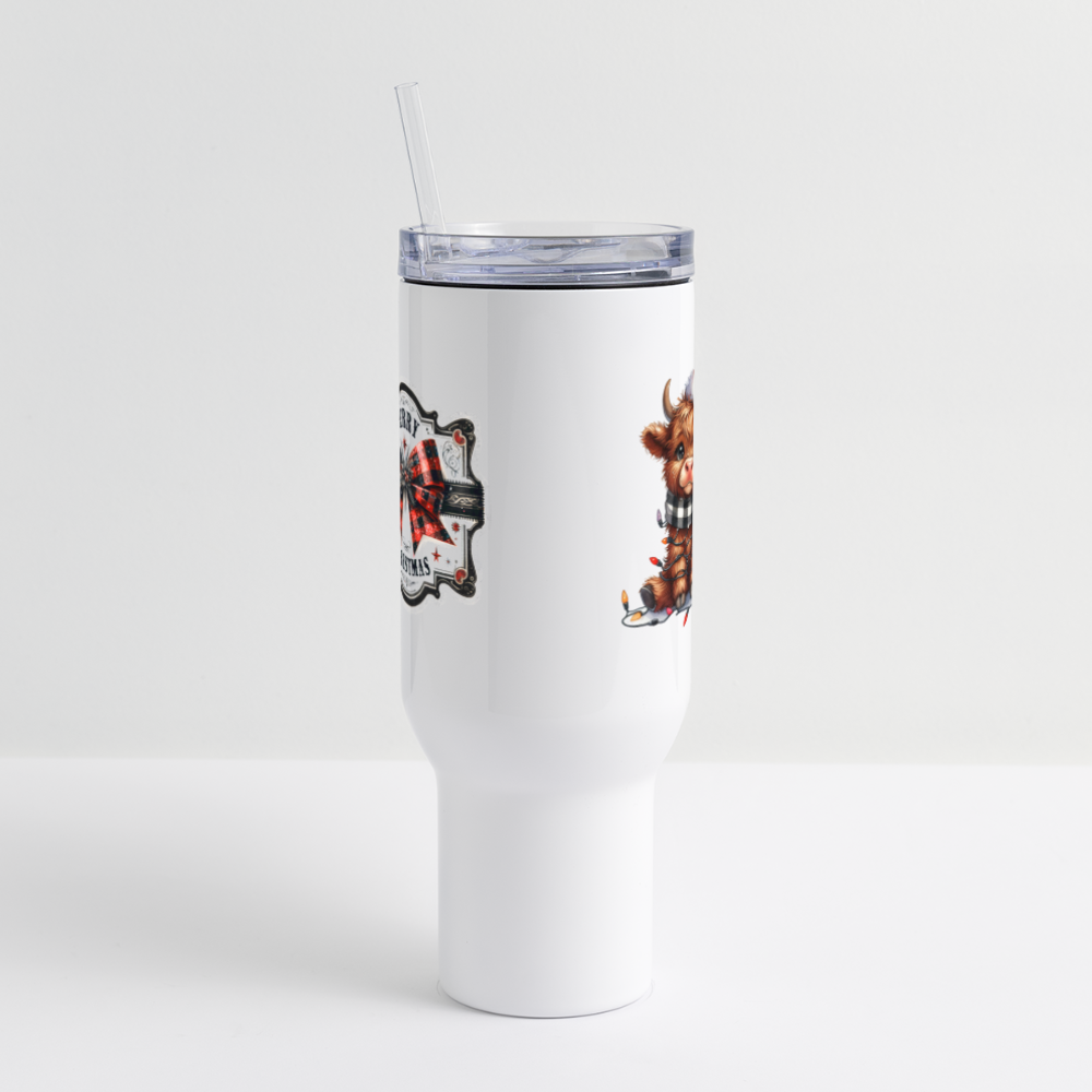 "Plaid Christmas Highland Cow" 40 oz Travel Tumbler - white