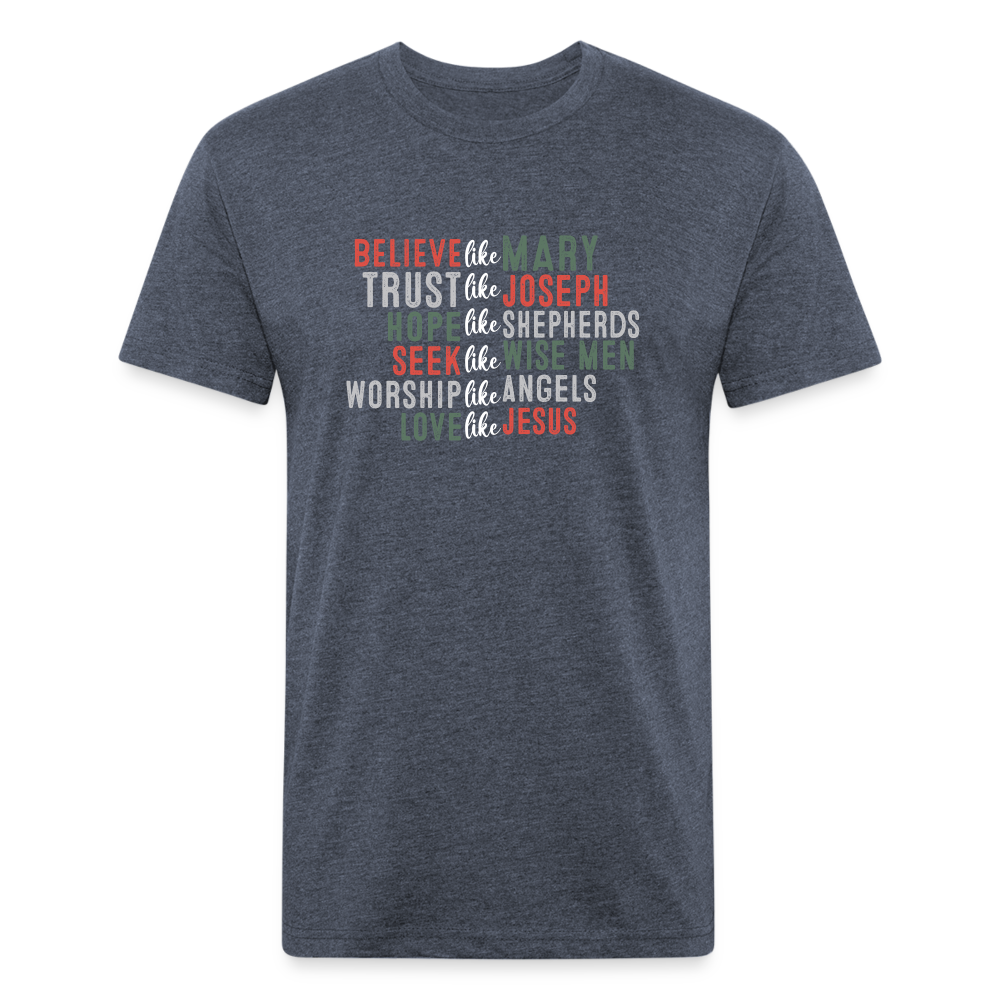 "Love Like Jesus Christmas" Fitted Cotton/Poly T-Shirt by Next Level - heather navy
