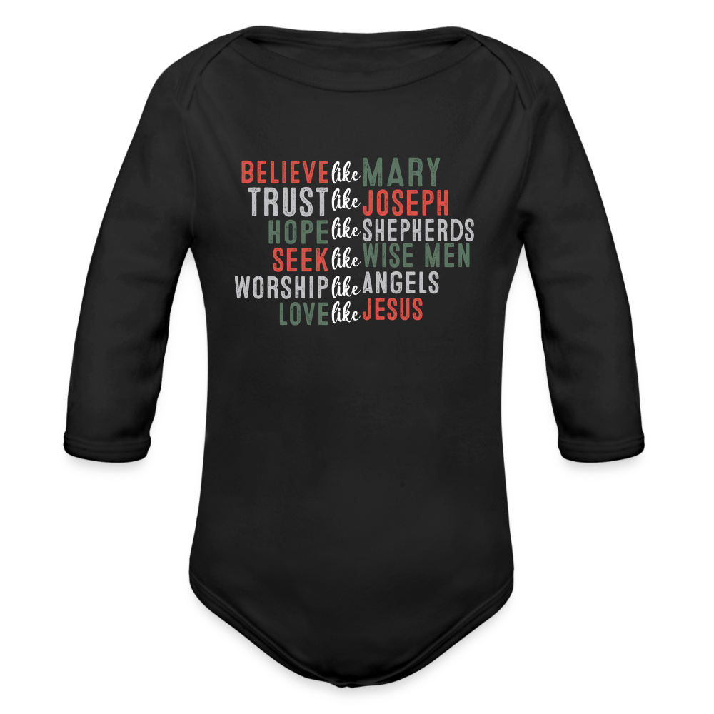 "Love Like Jesus Christmas" Organic Long Sleeve Baby Bodysuit - black