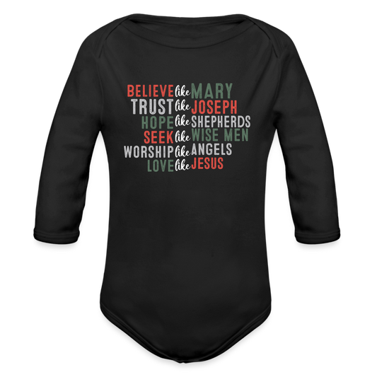 "Love Like Jesus Christmas" Organic Long Sleeve Baby Bodysuit - black