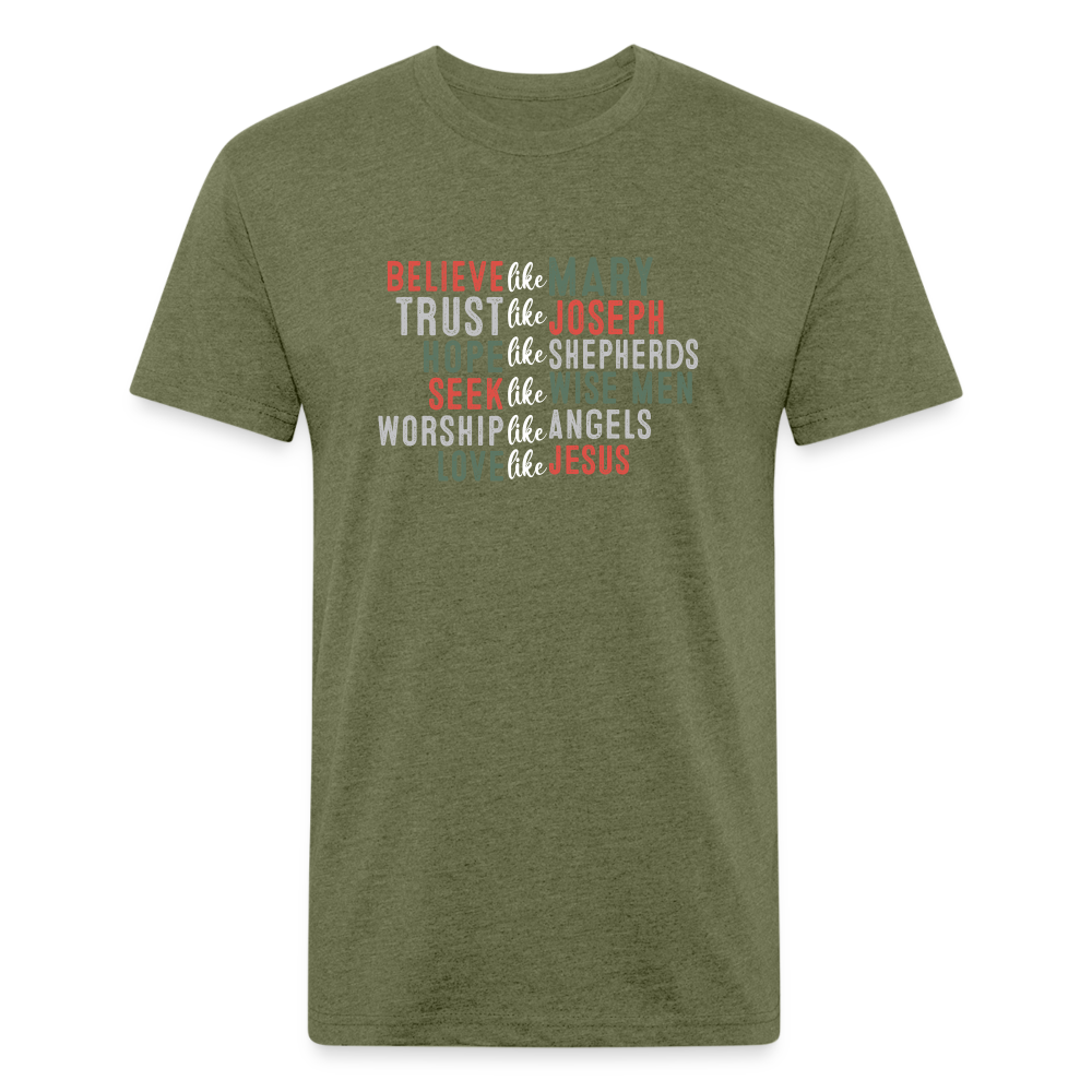 "Love Like Jesus Christmas" Fitted Cotton/Poly T-Shirt by Next Level - heather military green