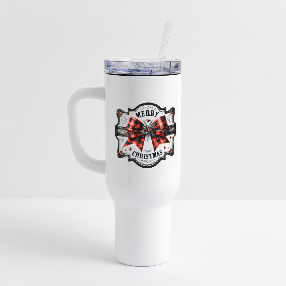 "Plaid Christmas Highland Cow" 40 oz Travel Tumbler - white