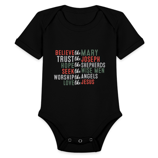 "Love Like Jesus Christmas" Organic Short Sleeve Baby Bodysuit - black