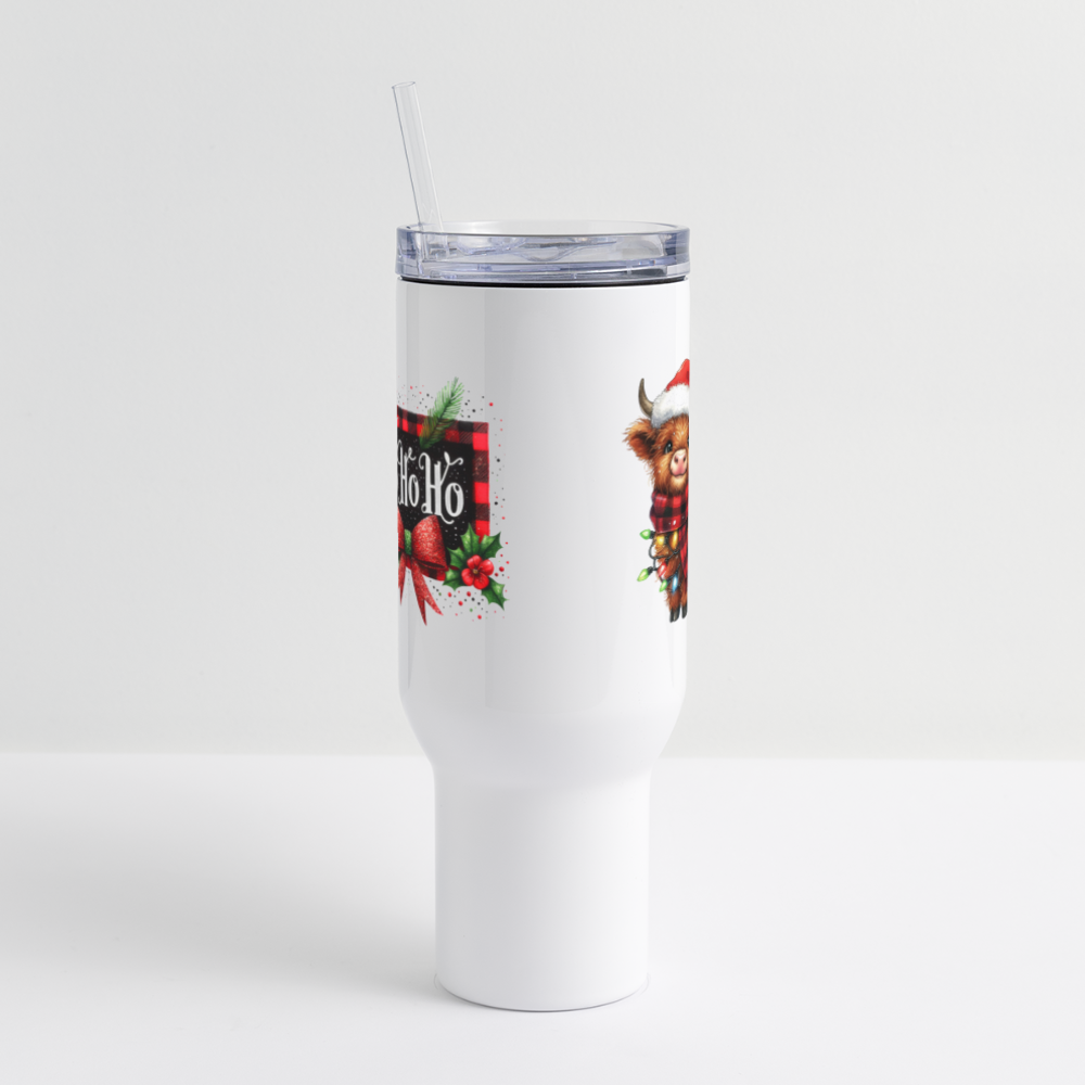 "Ho Ho Ho Christmas Highland Cow" 40 oz Travel Tumbler - white