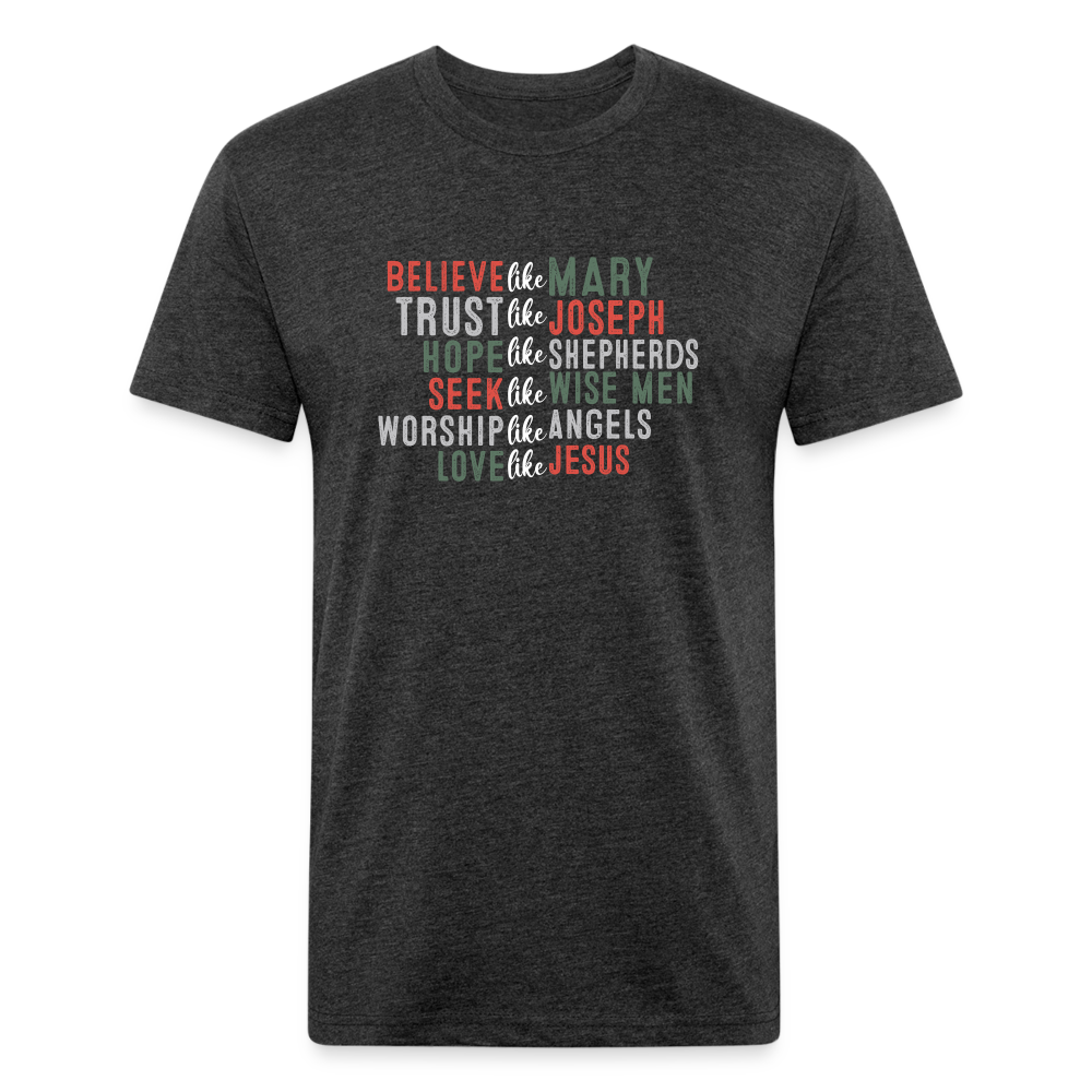 "Love Like Jesus Christmas" Fitted Cotton/Poly T-Shirt by Next Level - heather black
