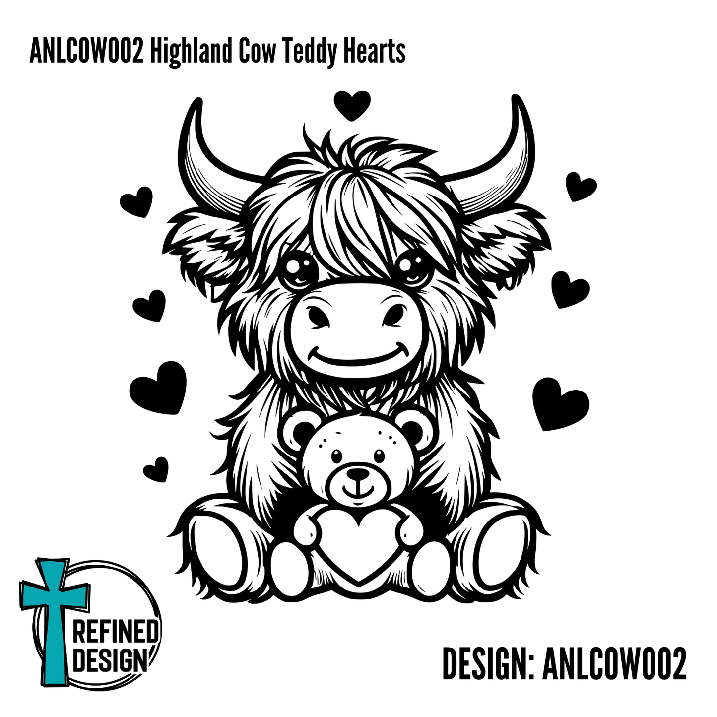 ANLCOW002 Highland Cow Teddy Hearts