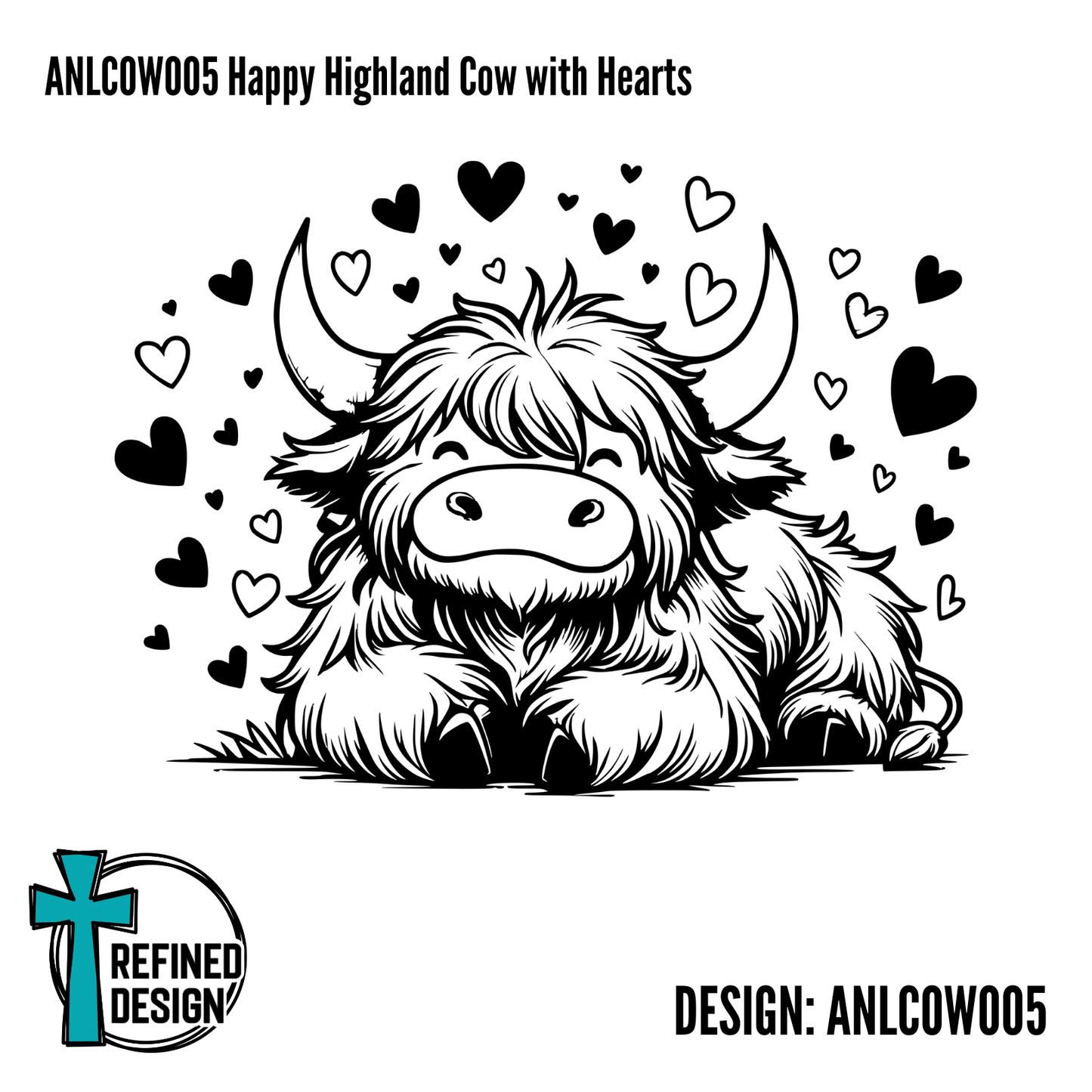 ANLCOW005 Happy Highland Cow with Hearts