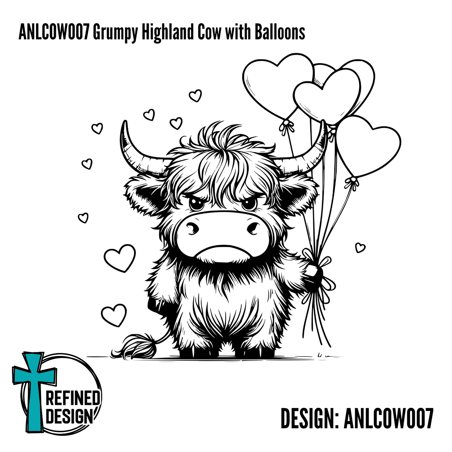 ANLCOW007 Grumpy Highland Cow with Balloons