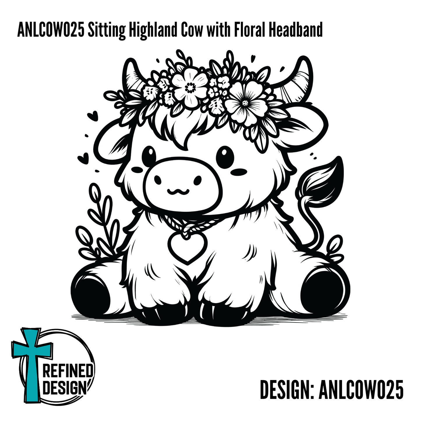 ANLCOW025 Sitting Highland Cow with Floral Headband