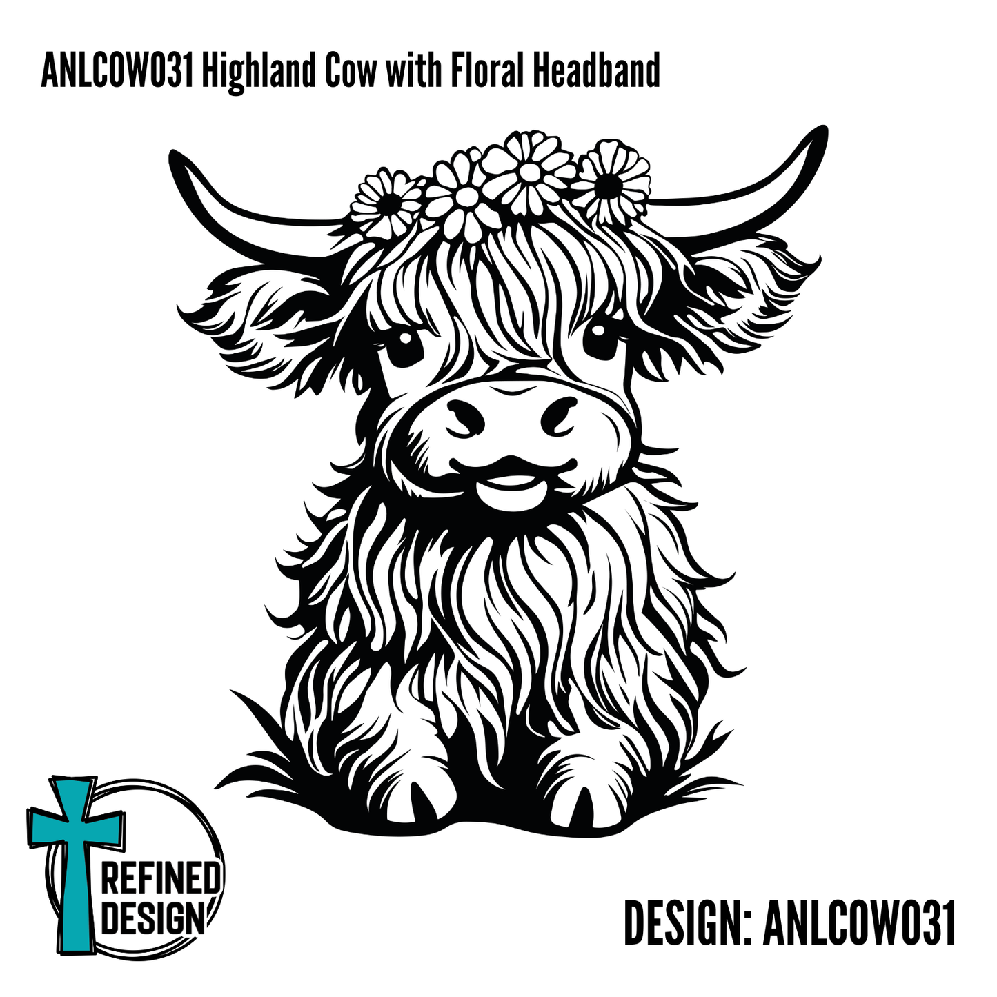 ANLCOW031 Highland Cow with Floral Headband