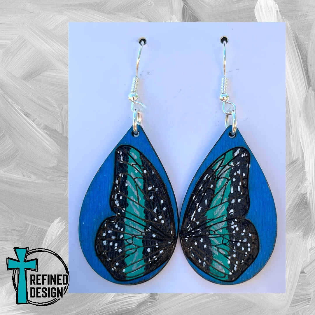 Teal & Black Striped Butterfly Earrings
