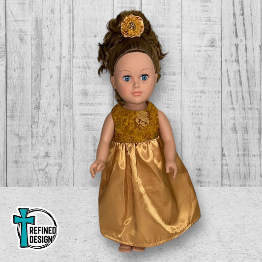“Gold Satin” 18" Doll Dress and Accessories
