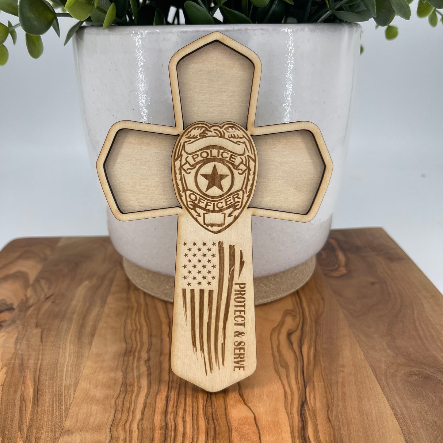 Courage to Serve Police Officer Natural Wood Cross Magnet