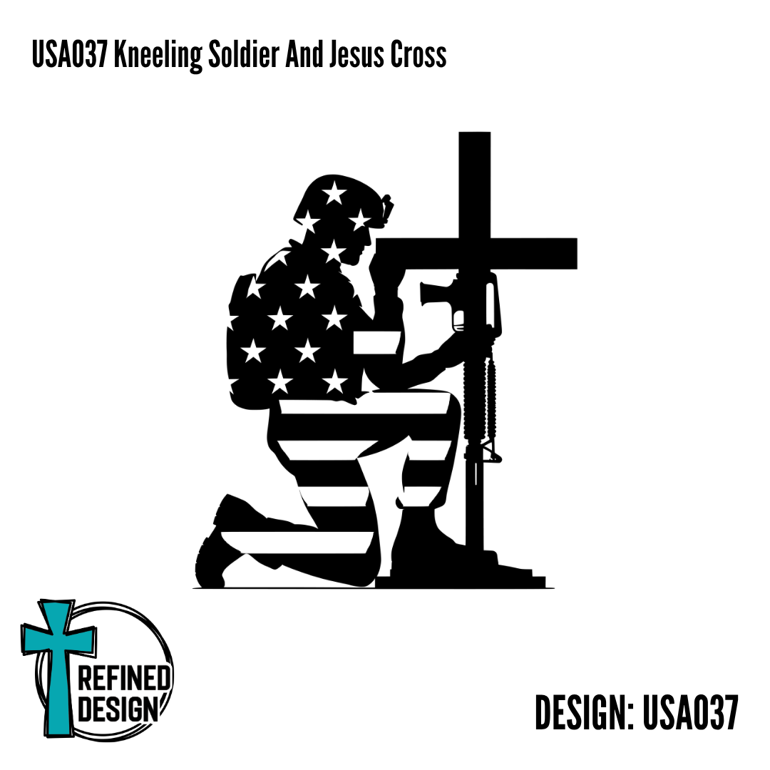 USA037 Kneeling Soldier And Jesus Cross