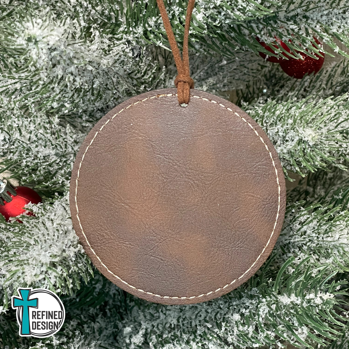 Personalized Vintage Brown Leatherette Ornament (Gold Engraving)