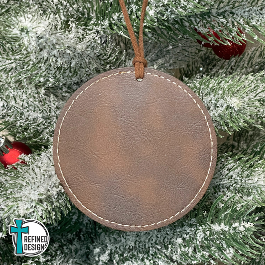 Personalized Vintage Brown Leatherette Ornament (Gold Engraving)