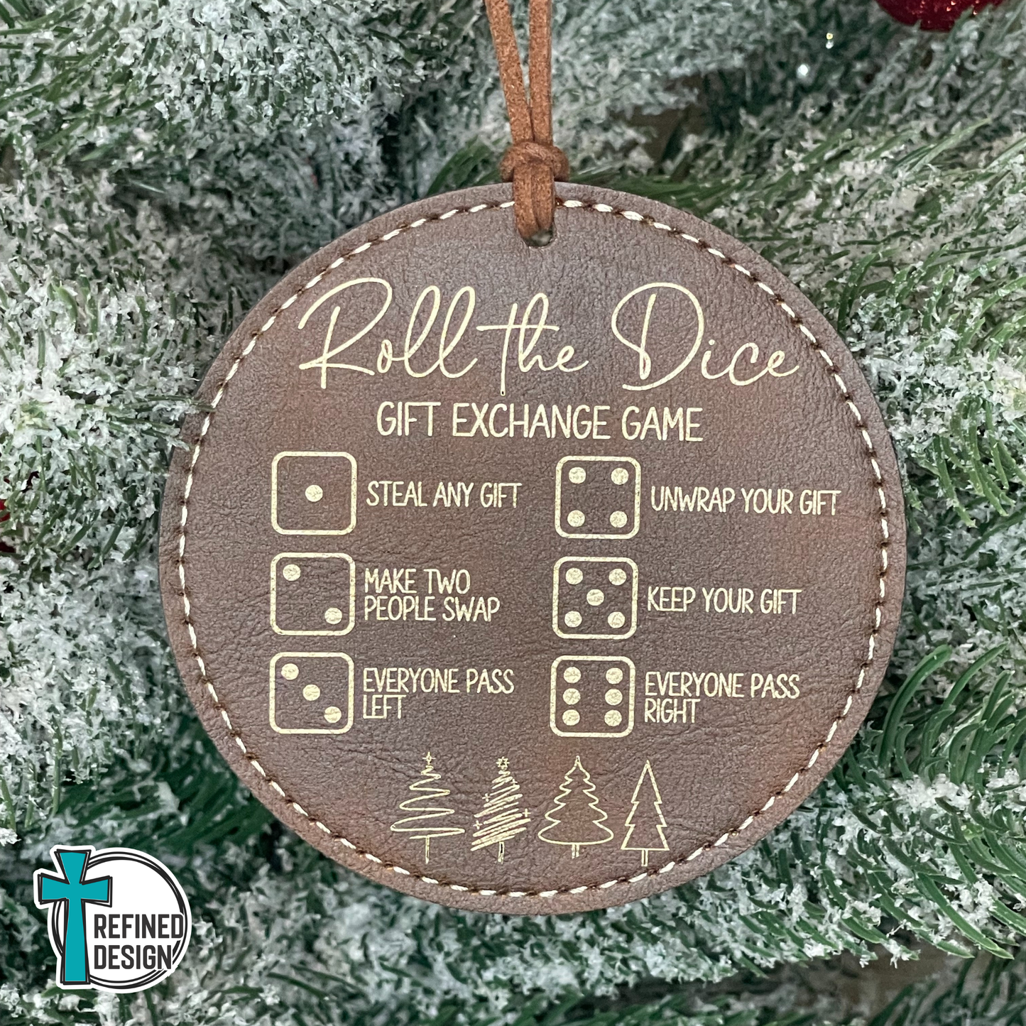 Vintage Brown Leatherette (Gold Engraving) Roll the Dice Gift Exchange Game Ornament with Wooden Dice