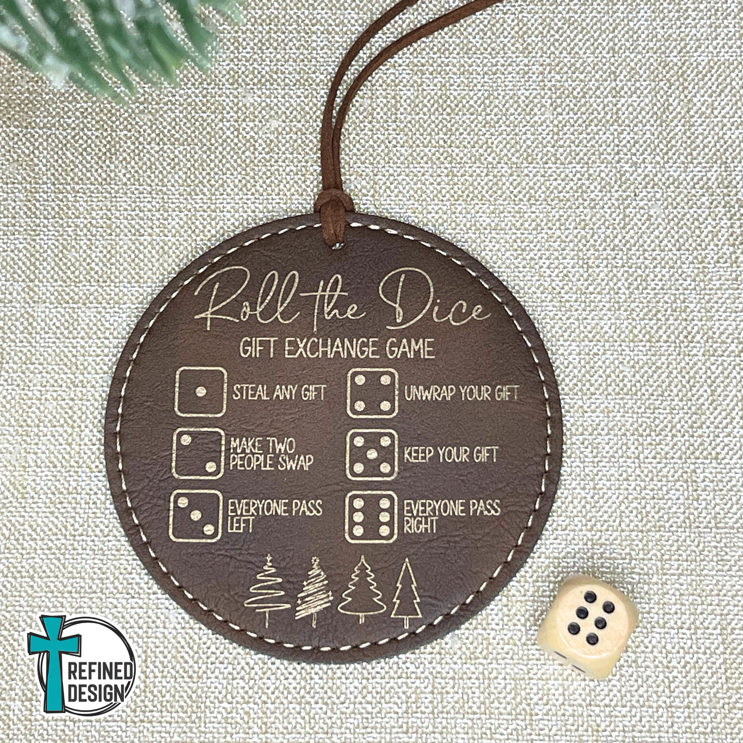 Vintage Brown Leatherette (Gold Engraving) Roll the Dice Gift Exchange Game Ornament with Wooden Dice