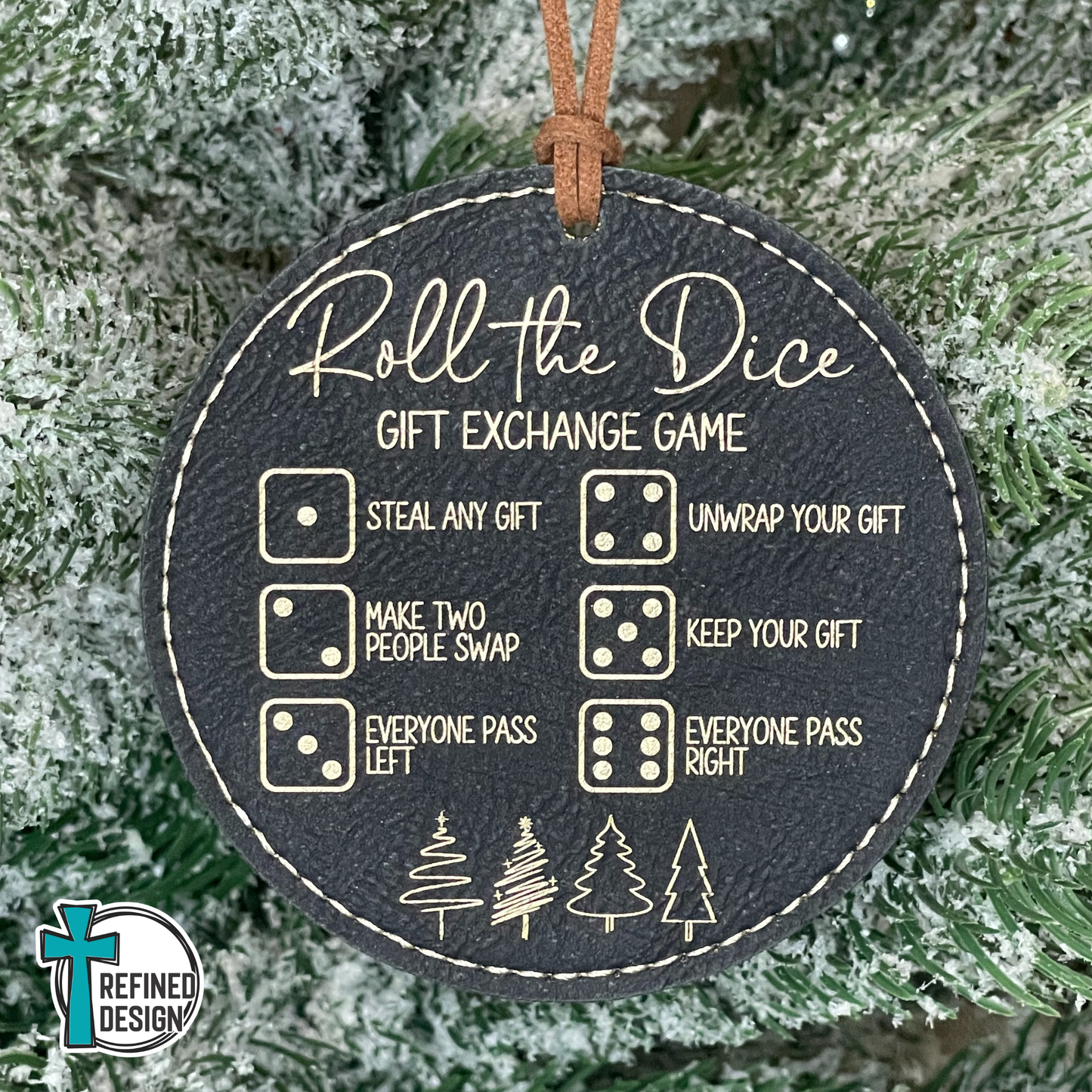Black Leatherette (Gold Engraving) Roll the Dice Gift Exchange Game Ornament with Wooden Dice