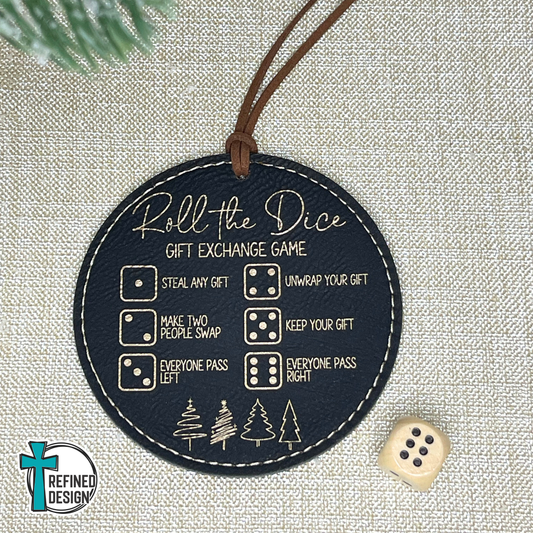 Black Leatherette (Gold Engraving) Roll the Dice Gift Exchange Game Ornament with Wooden Dice