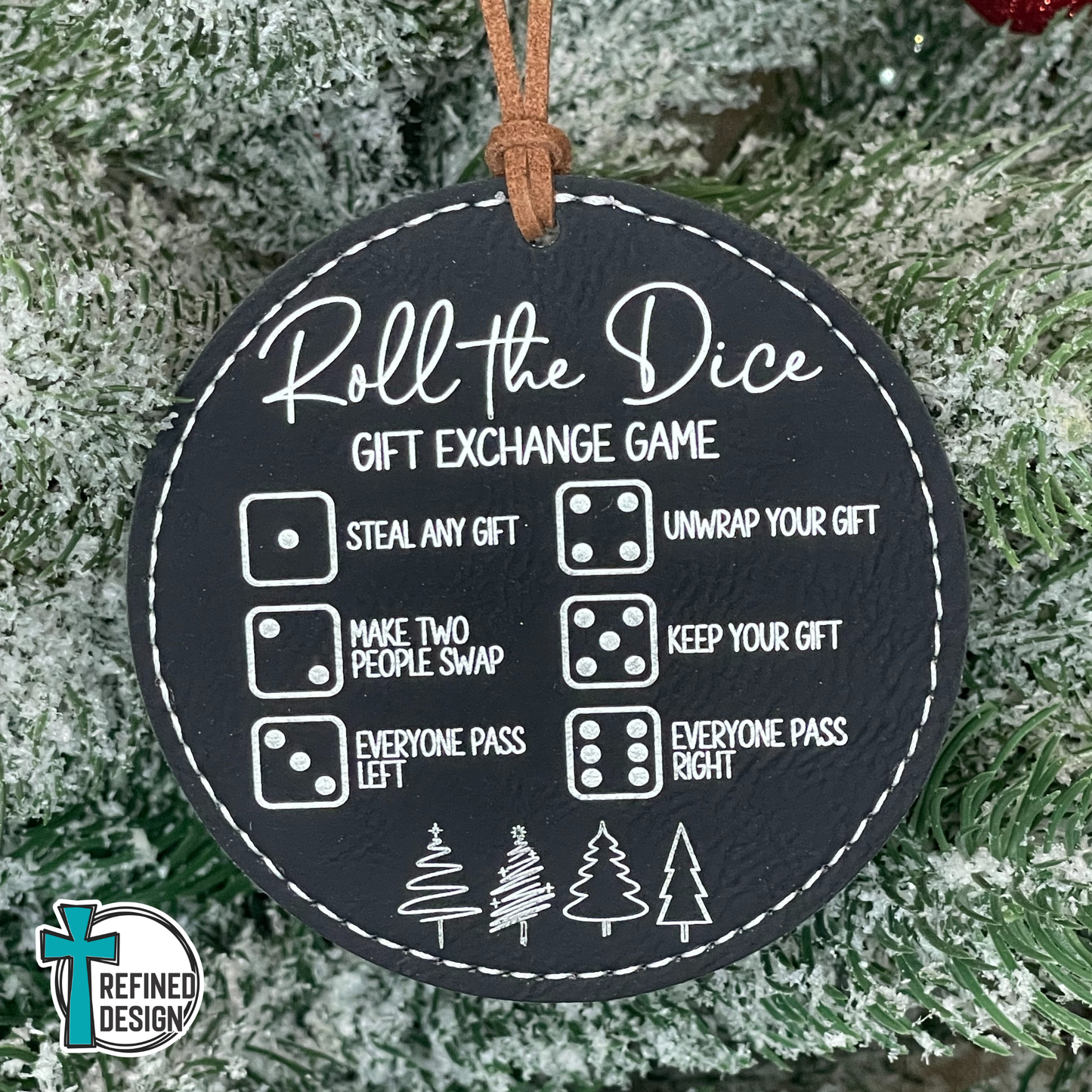 Black Leatherette (Silver Engraving) Roll the Dice Gift Exchange Game Ornament with Wooden Dice