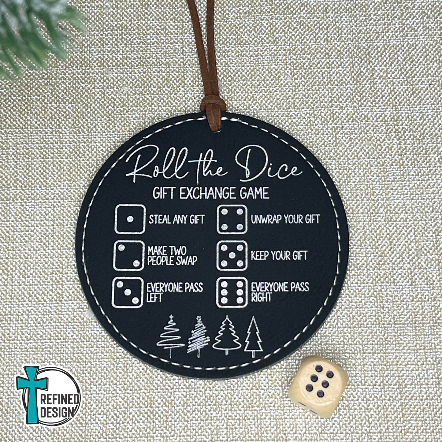 Black Leatherette (Silver Engraving) Roll the Dice Gift Exchange Game Ornament with Wooden Dice