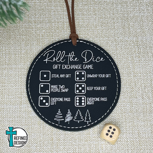 Black Leatherette (Silver Engraving) Roll the Dice Gift Exchange Game Ornament with Wooden Dice
