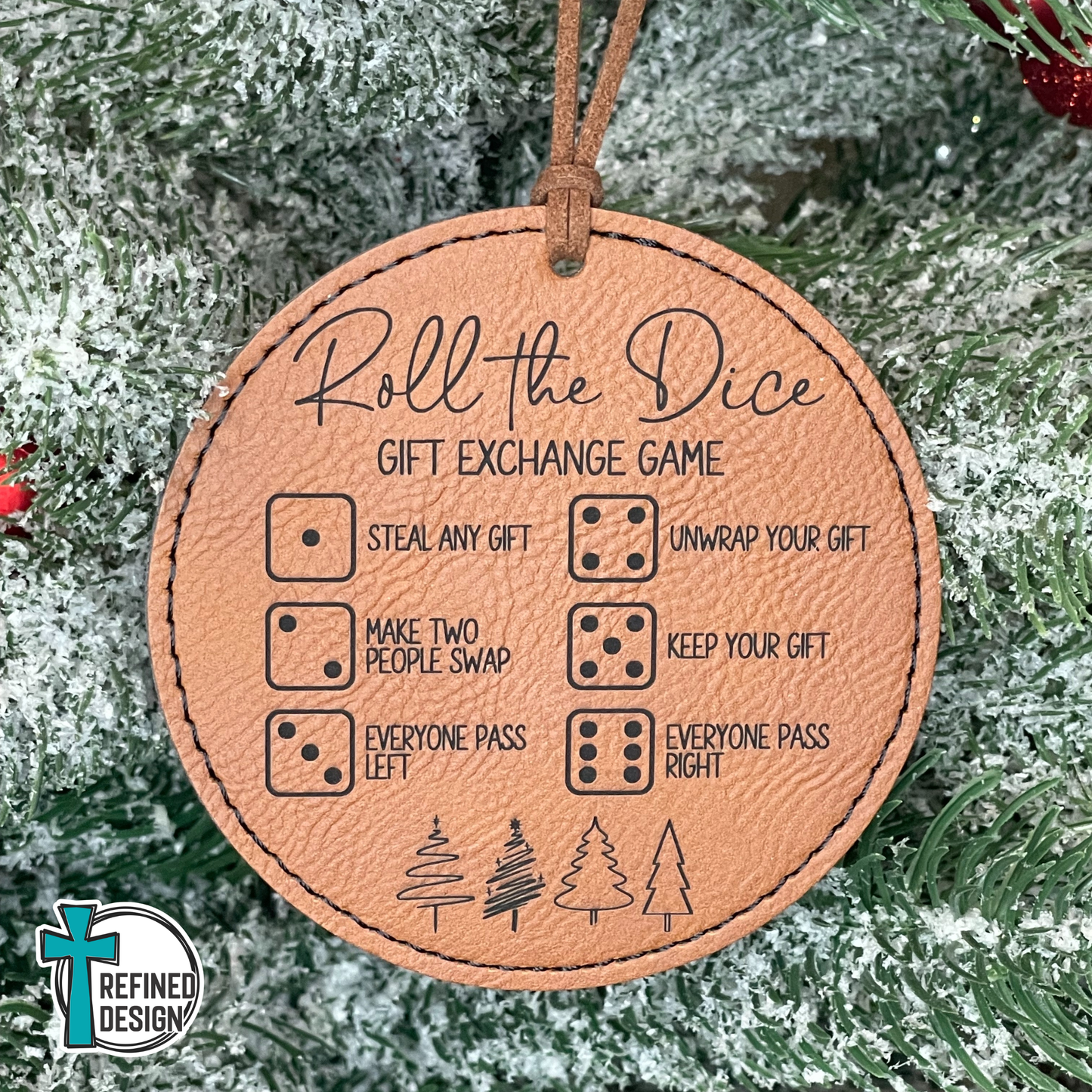 Rawhide Leatherette (Black Engraving) Roll the Dice Gift Exchange Game Ornament with Wooden Dice