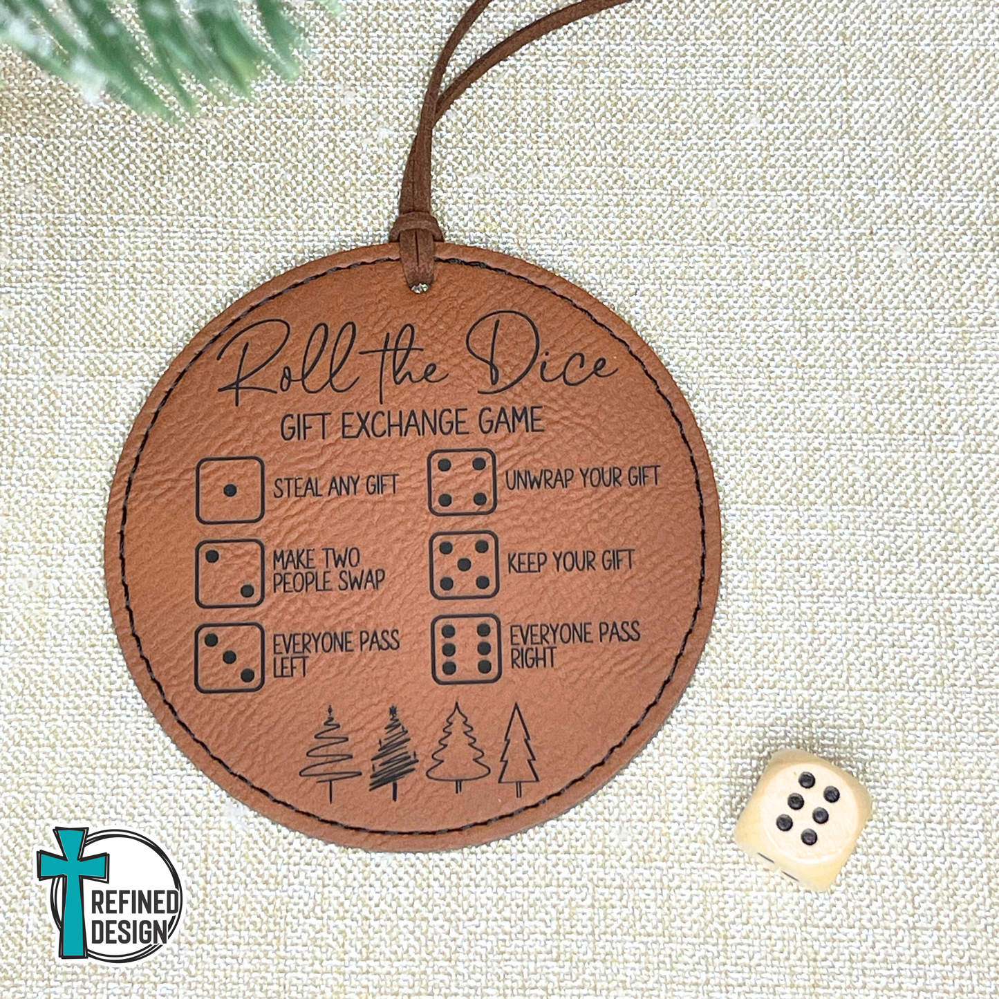 Rawhide Leatherette (Black Engraving) Roll the Dice Gift Exchange Game Ornament with Wooden Dice