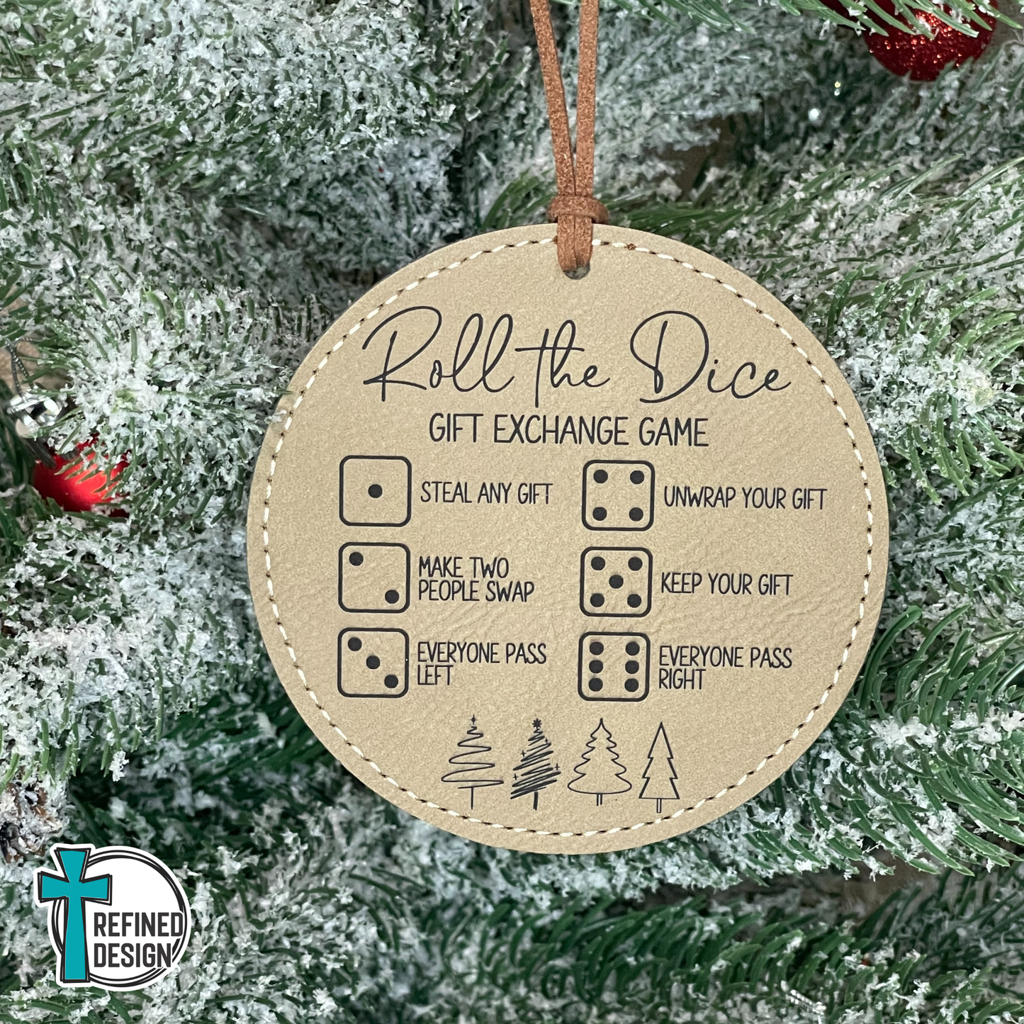 Light Brown Leatherette (Black Engraving) Roll the Dice Gift Exchange Game Ornament with Wooden Dice