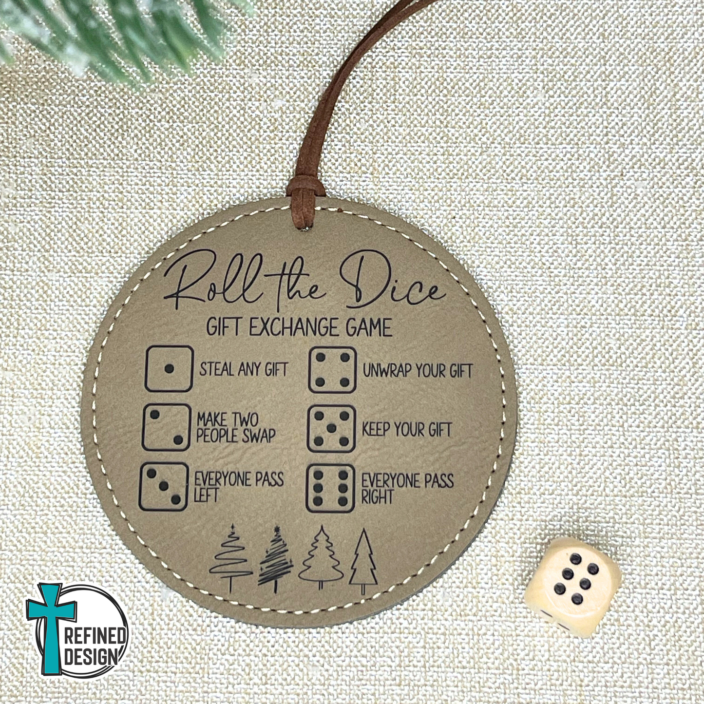 Light Brown Leatherette (Black Engraving) Roll the Dice Gift Exchange Game Ornament with Wooden Dice