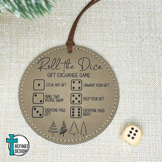 Light Brown Leatherette (Black Engraving) Roll the Dice Gift Exchange Game Ornament with Wooden Dice