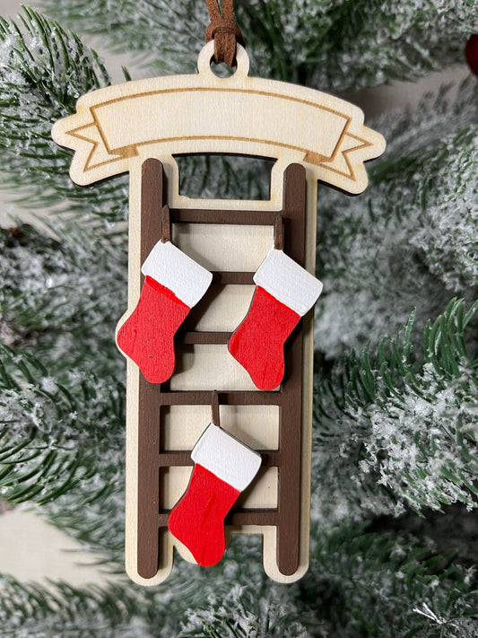 Personalized Family Stocking Ladder Ornament with 3 Stockings