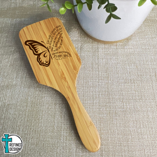Personalized "He Will Cover You" Butterfly Scripture Bamboo Hairbrush