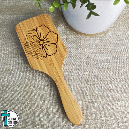 Personalized Psalm 1:3 Flower Scripture Bamboo Hairbrush