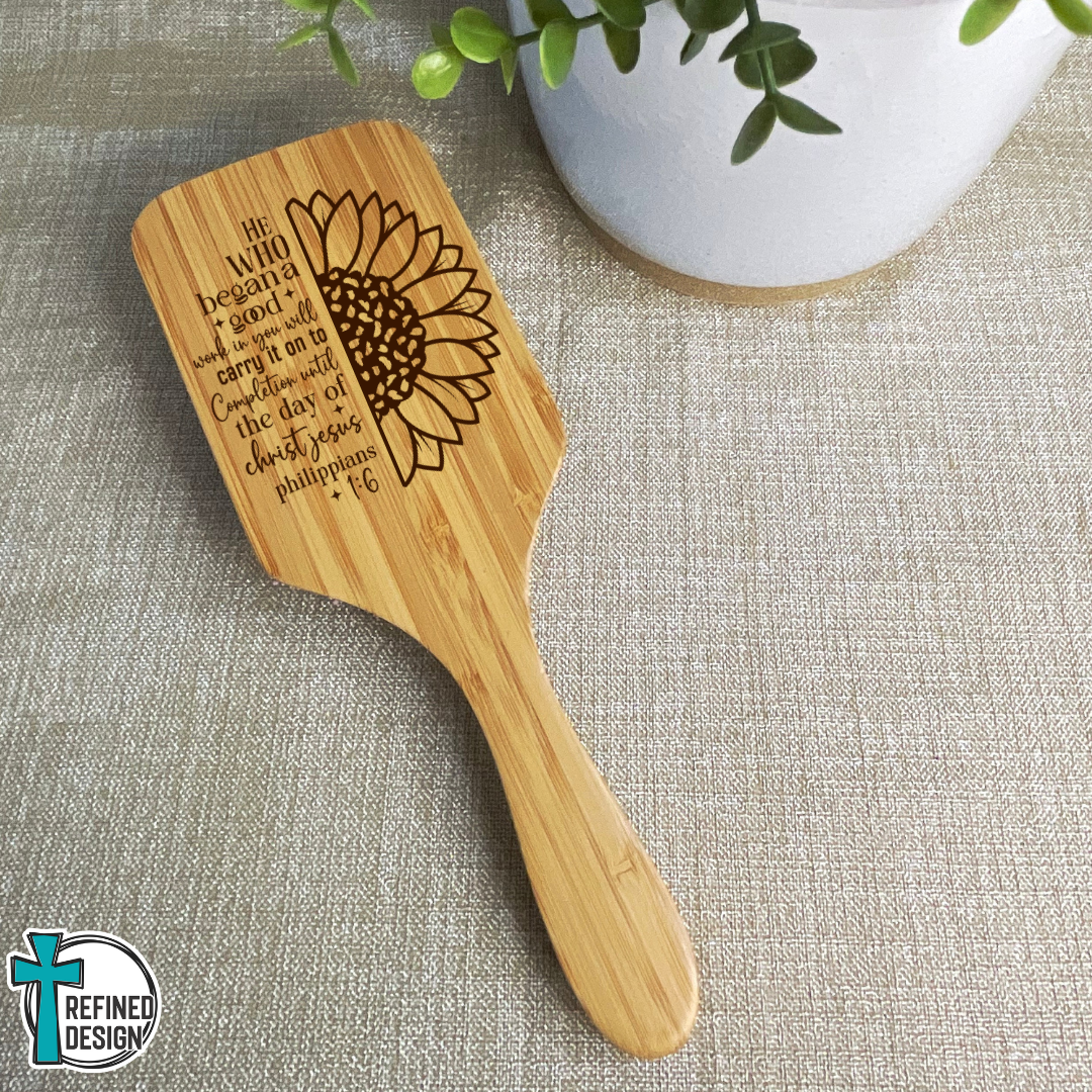 Personalized Philippians 1:6 Sunflower Scripture Bamboo Hairbrush