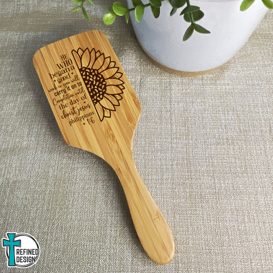 Personalized Philippians 1:6 Sunflower Scripture Bamboo Hairbrush