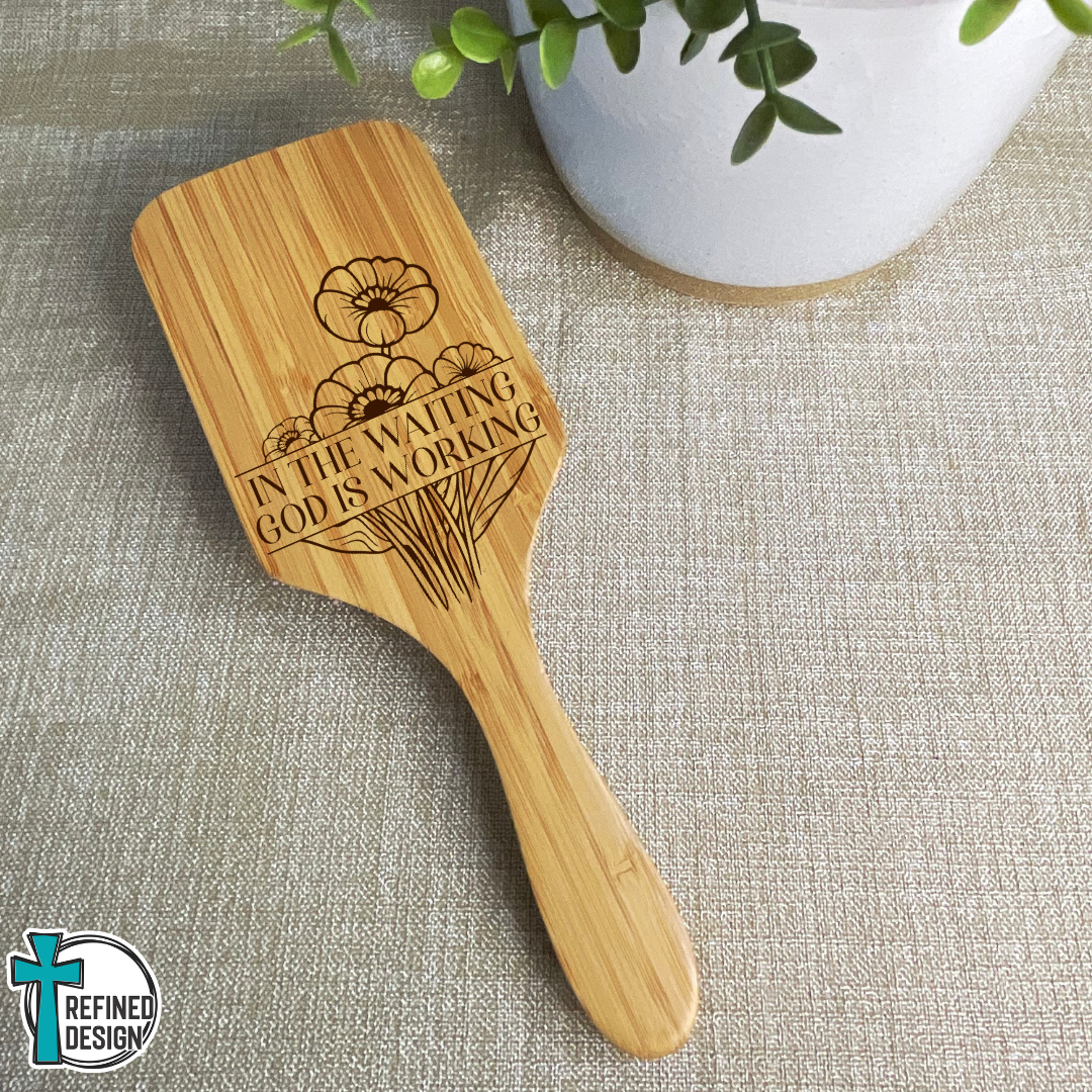 Personalized "In the Waiting God is Working" Bamboo Hairbrush