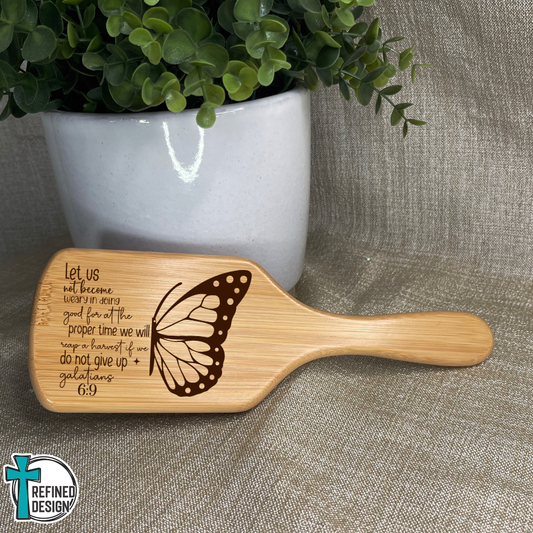 Personalized Galatians 6:9 Butterfly Scripture Bamboo Hairbrush