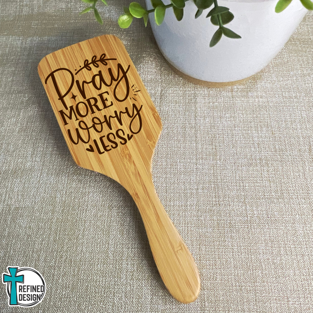 Personalized "Pray More Worry Less" Bamboo Hairbrush