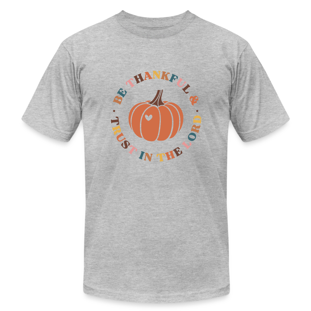 "Trust in the Lord Pumpkin" Unisex Jersey T-Shirt by Bella + Canvas - heather gray