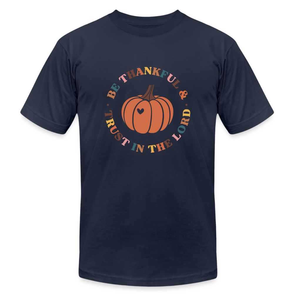 "Trust in the Lord Pumpkin" Unisex Jersey T-Shirt by Bella + Canvas - navy