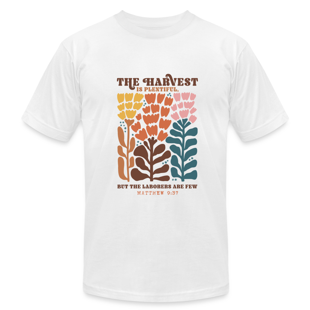 "The Harvest is Plentiful" Unisex Jersey T-Shirt by Bella + Canvas - white