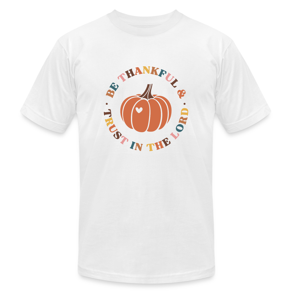 "Trust in the Lord Pumpkin" Unisex Jersey T-Shirt by Bella + Canvas - white