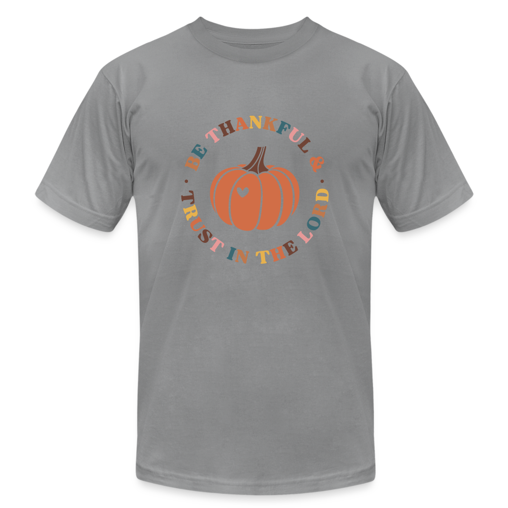 "Trust in the Lord Pumpkin" Unisex Jersey T-Shirt by Bella + Canvas - slate
