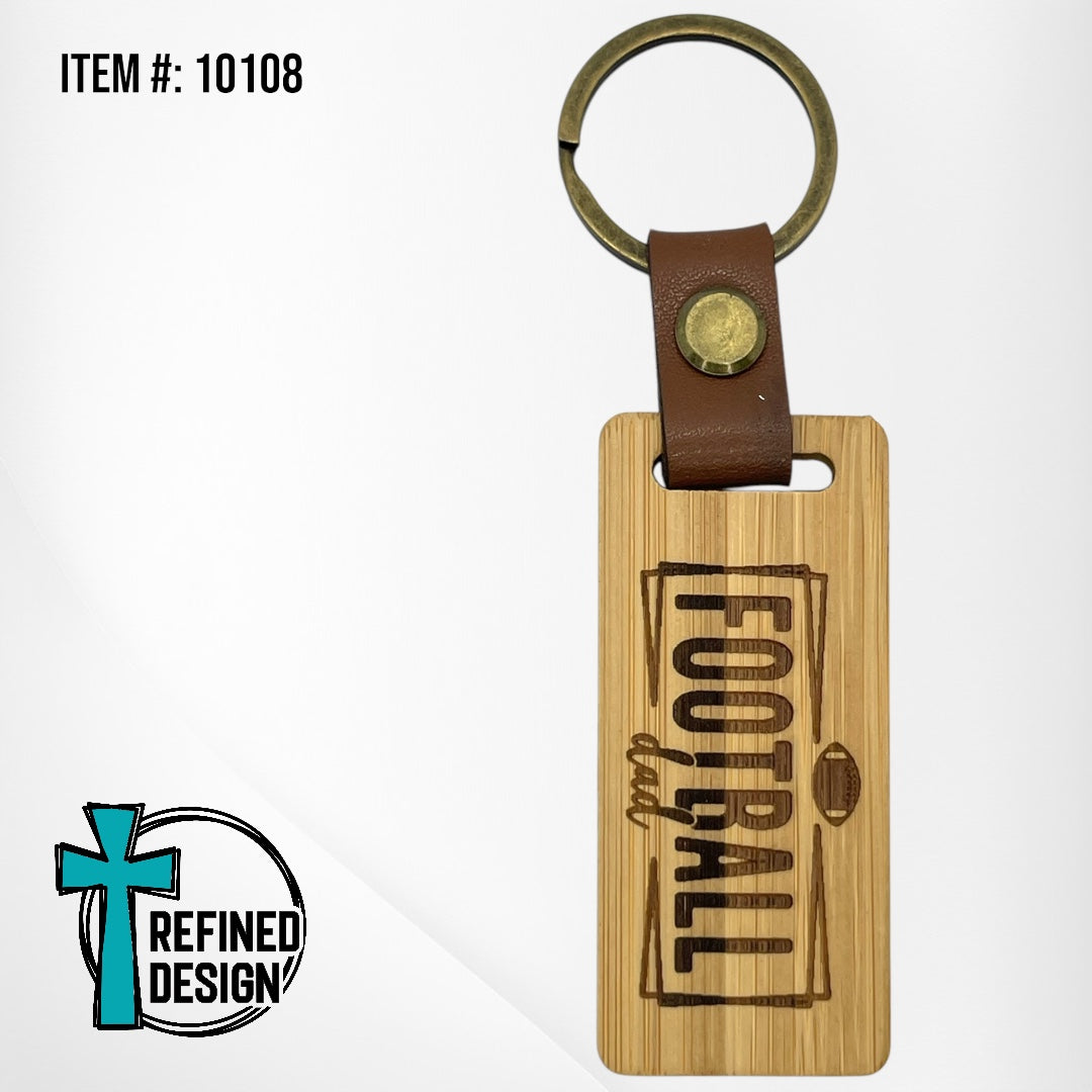 “Football Dad Rectangle” Wood and Leather Keychain