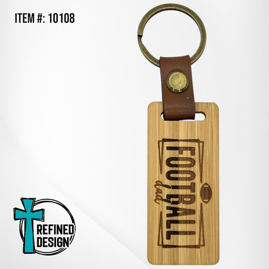 “Football Dad Rectangle” Wood and Leather Keychain