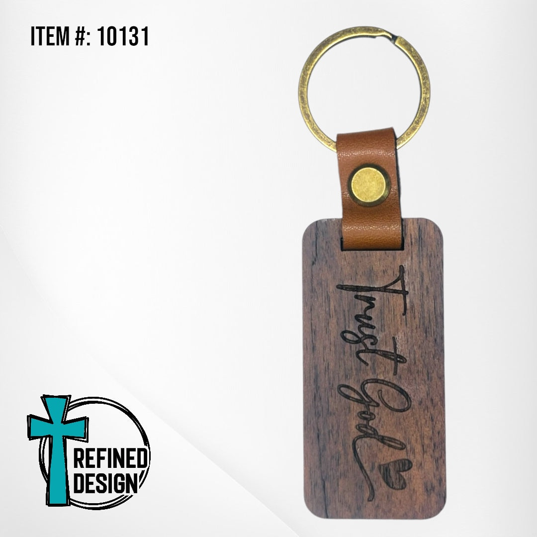 “Trust God” Wood and Leather Keychain